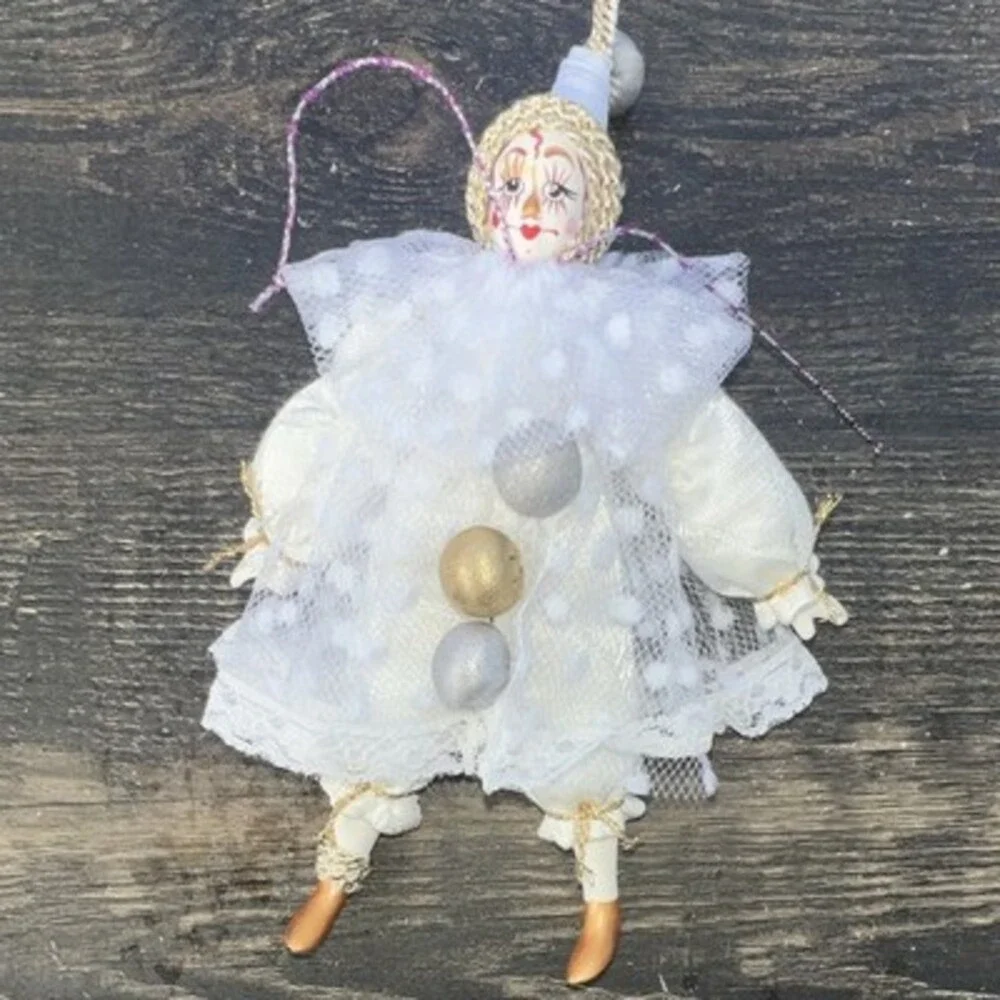 Vintage Russian Handmade Clown Jester Doll Ornament Porcelain Face Folk Art